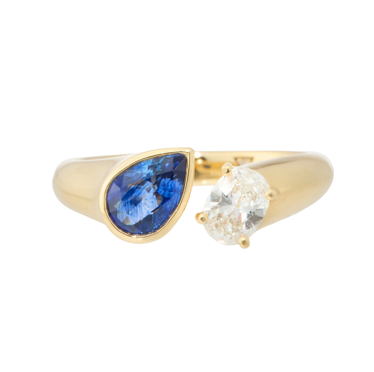 Bezel Set Pear Sapphire and Prong Set Oval Diamond Moi Et Toi Open Hook Ring