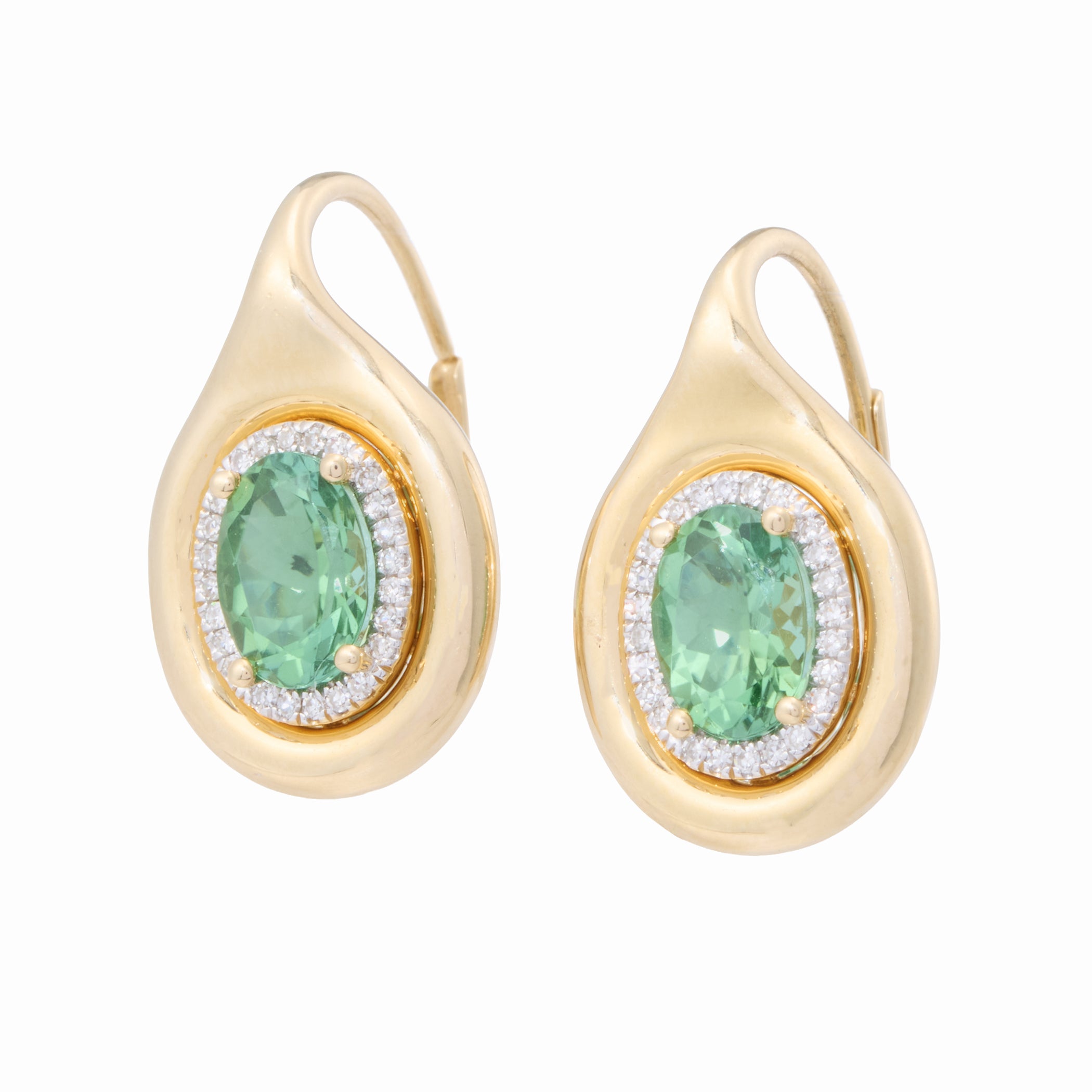 Oval Shaped Green Tourmaline Earrings with Diamond Halo and Gold Bezel