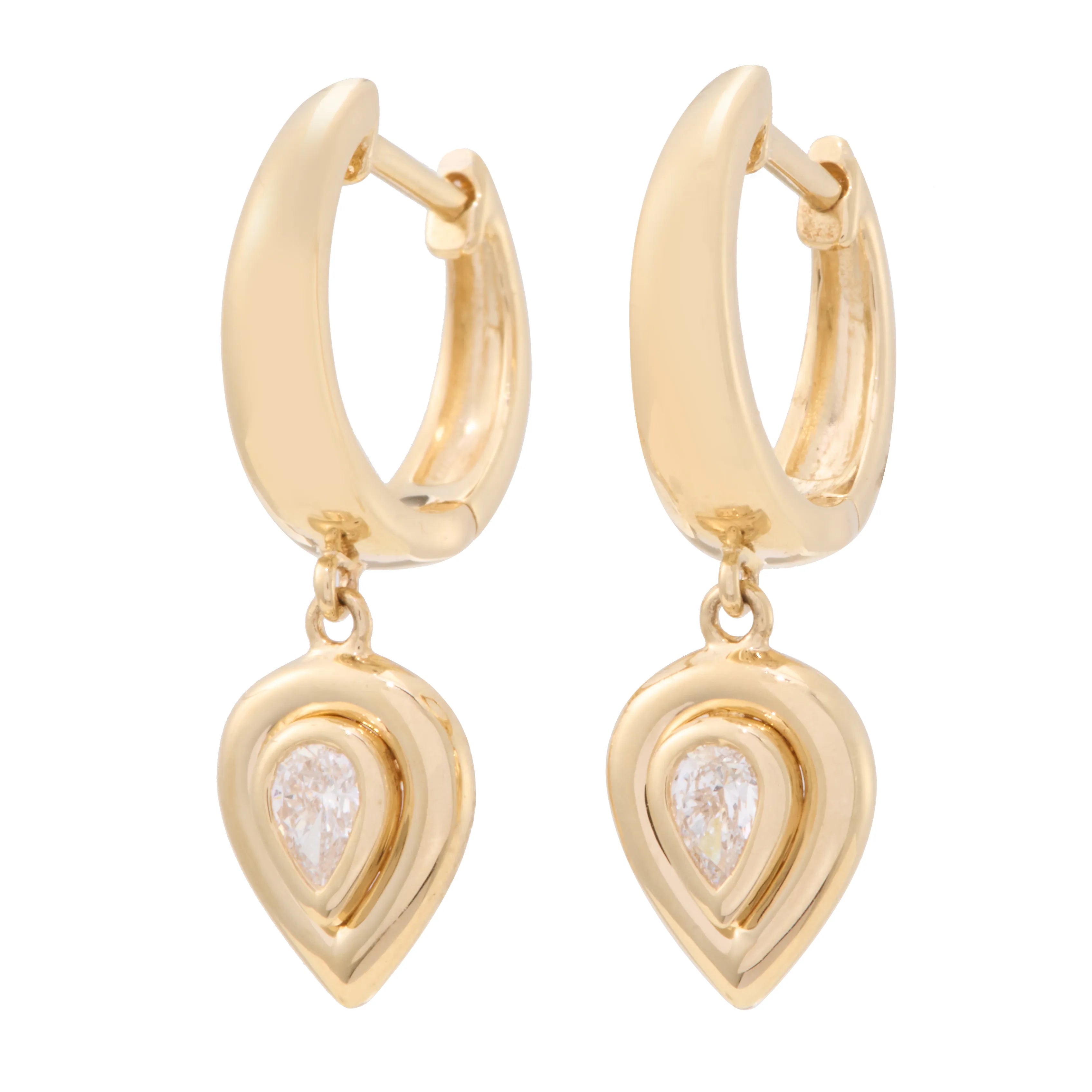 Pear Shape Diamond Dangle Huggies with Double Solid Gold Bezel