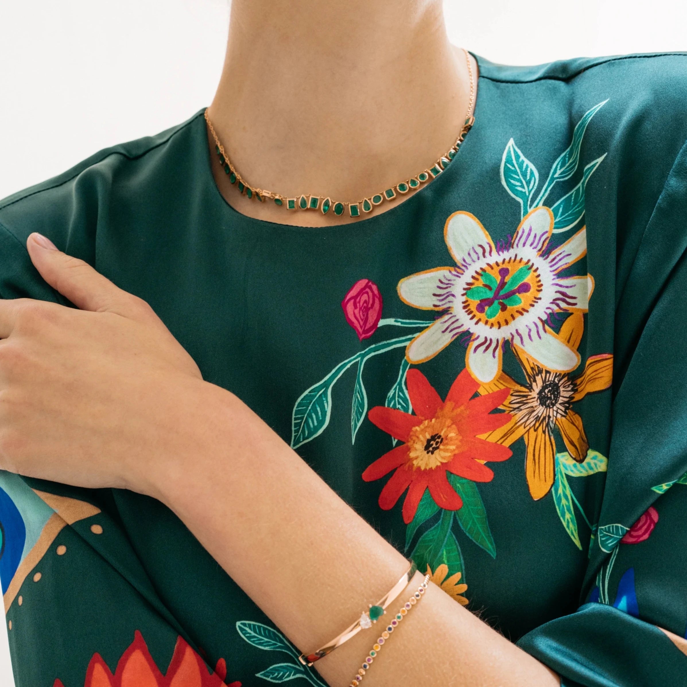 Heart Emerald and Pear Diamond Bangle