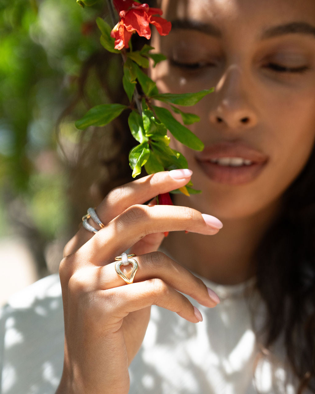 Solid Gold Stirrup Ring with Pave Diamond Detail