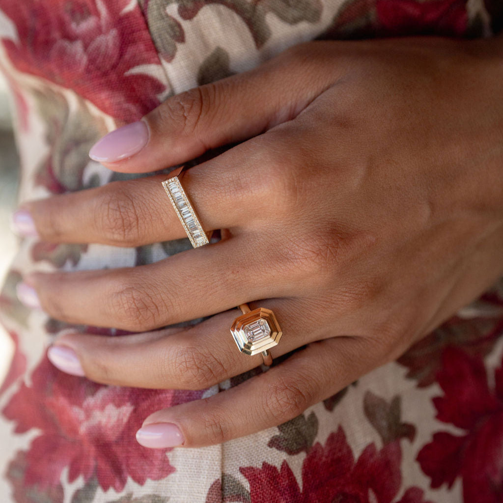 Asscher Cut Diamond Ring with 3 Row Gold Bezel