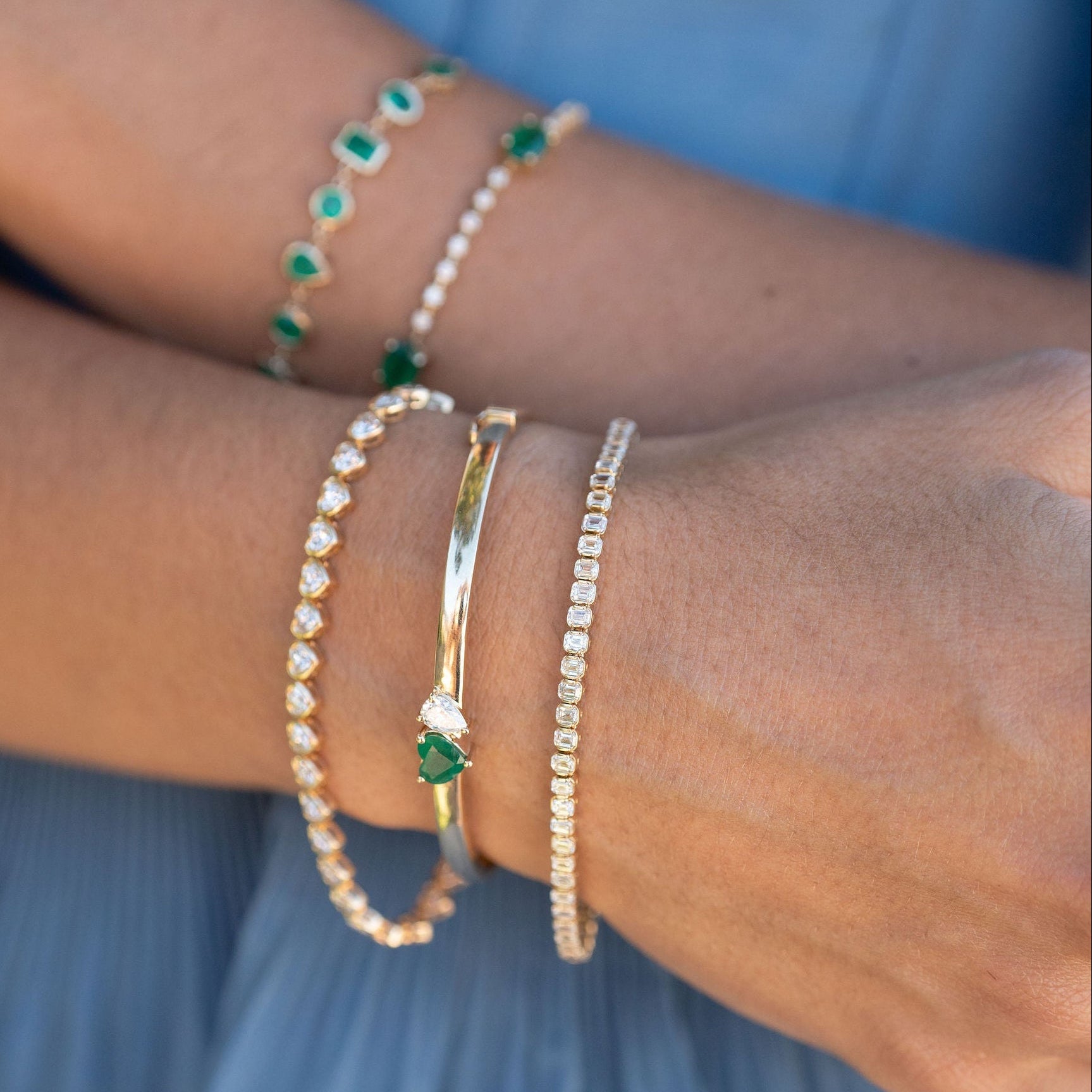 Heart Emerald and Pear Diamond Bangle