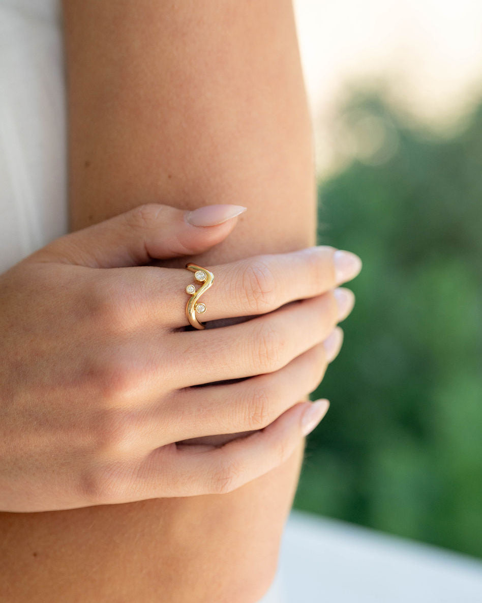 Solid Gold Wave Ring with 3 Bezel Diamonds