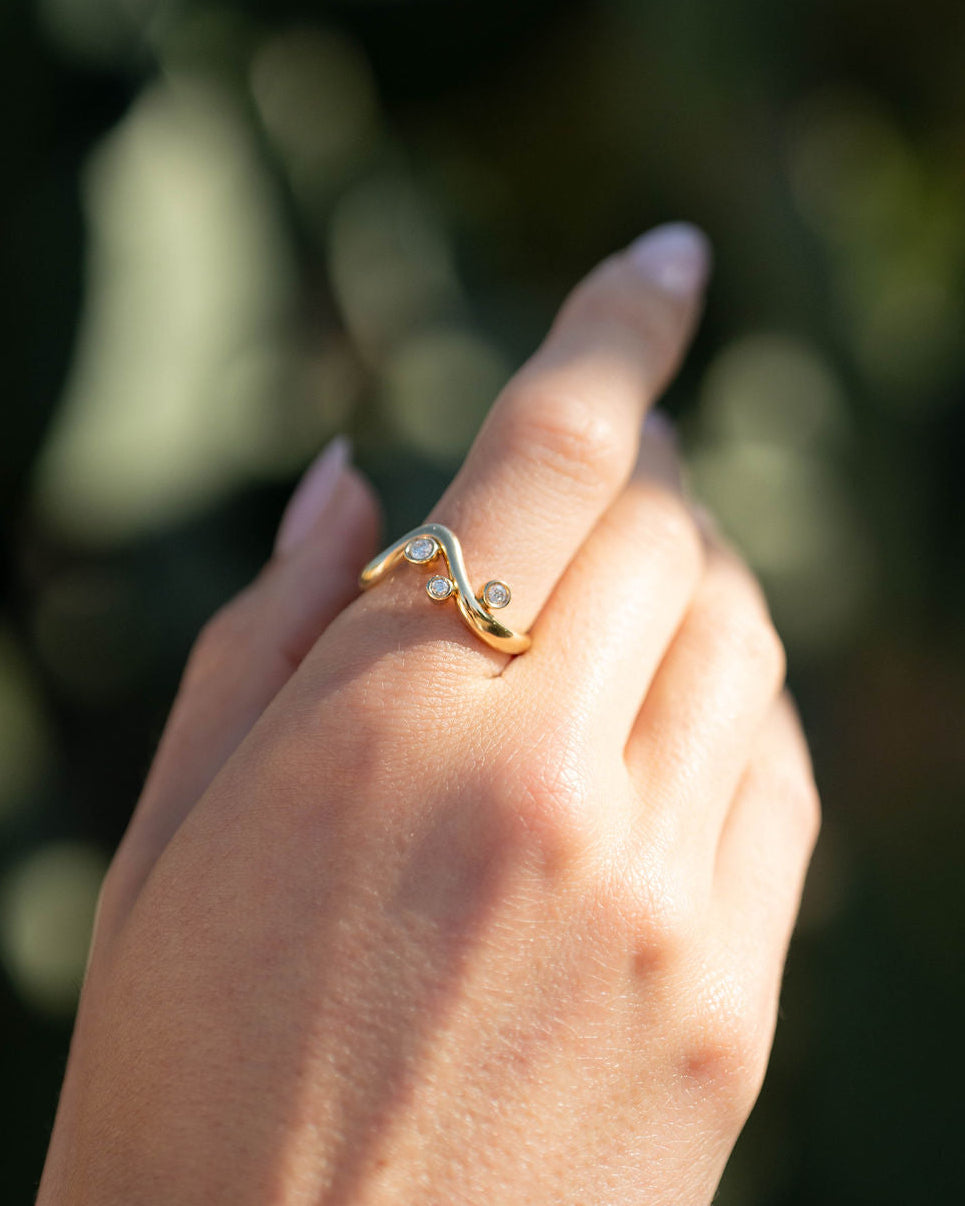 Solid Gold Wave Ring with 3 Bezel Diamonds