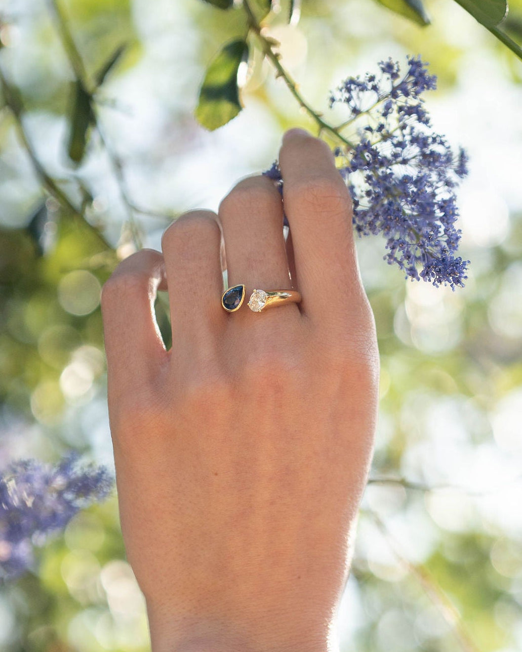 Bezel Set Pear Sapphire and Prong Set Oval Diamond Moi Et Toi Open Hook Ring