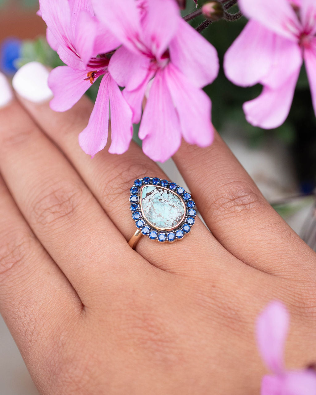 Pear Shaped Turquoise Ring with Sapphire Halo