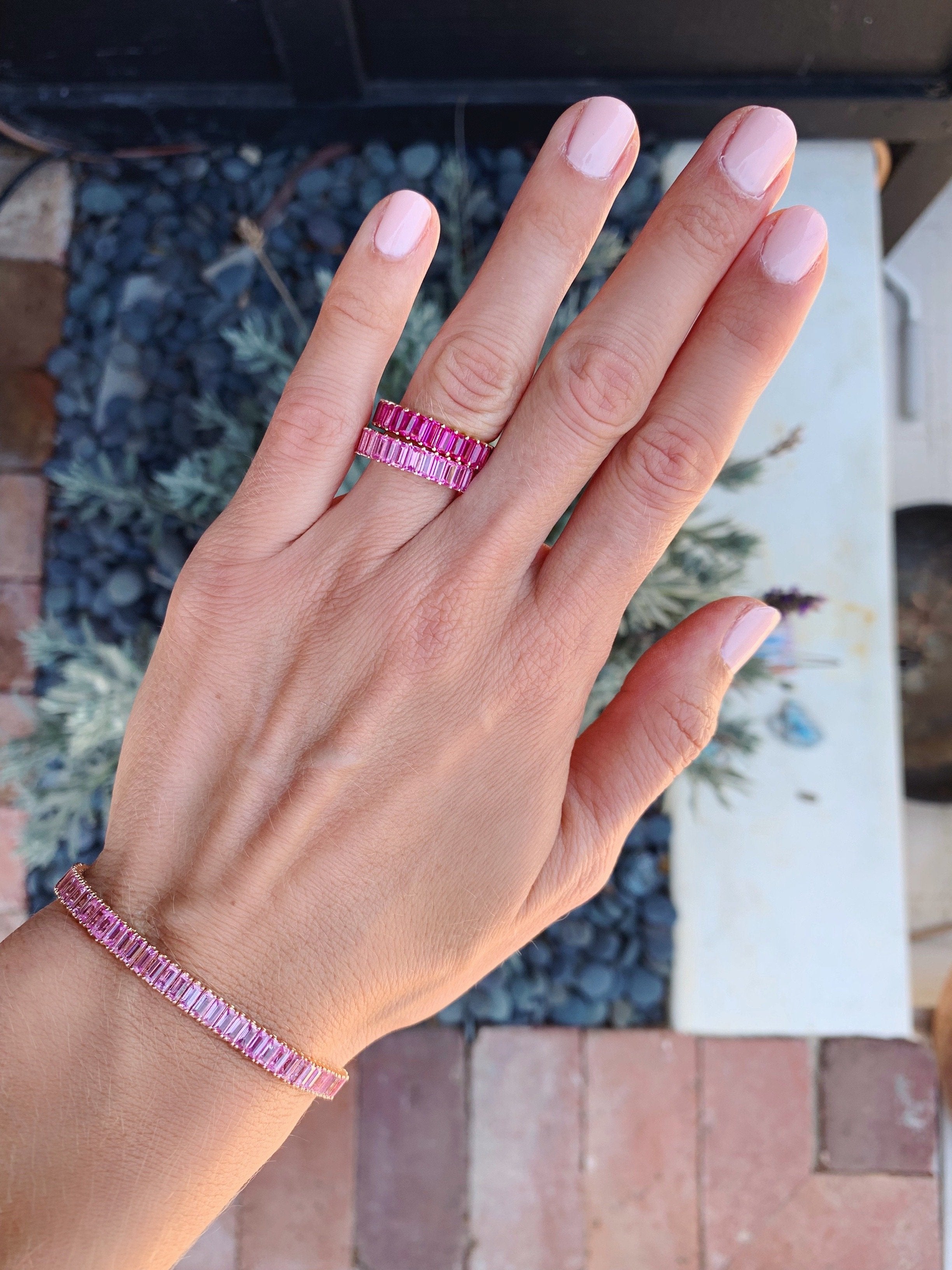 Pink Sapphire Emerald Cut Eternity Band-Rings-Zofia Day Co.