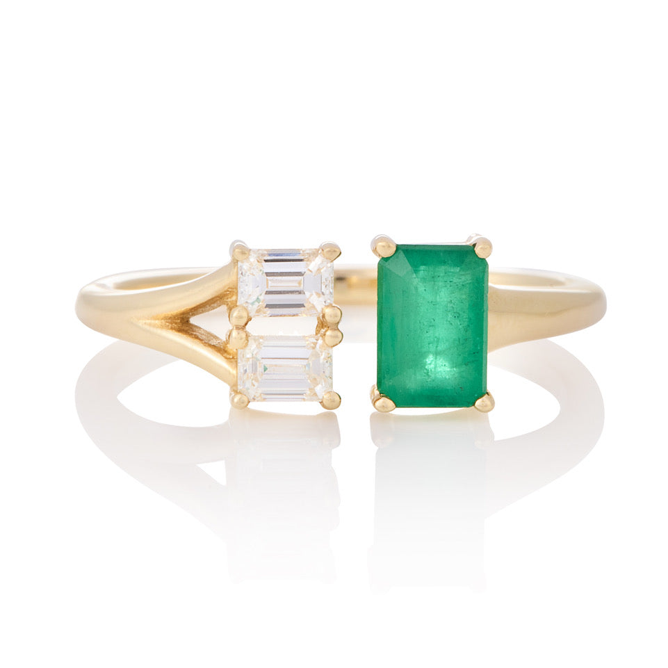 Emerald Cut Emerald and Double Emerald Cut Diamond Open Hook Ring