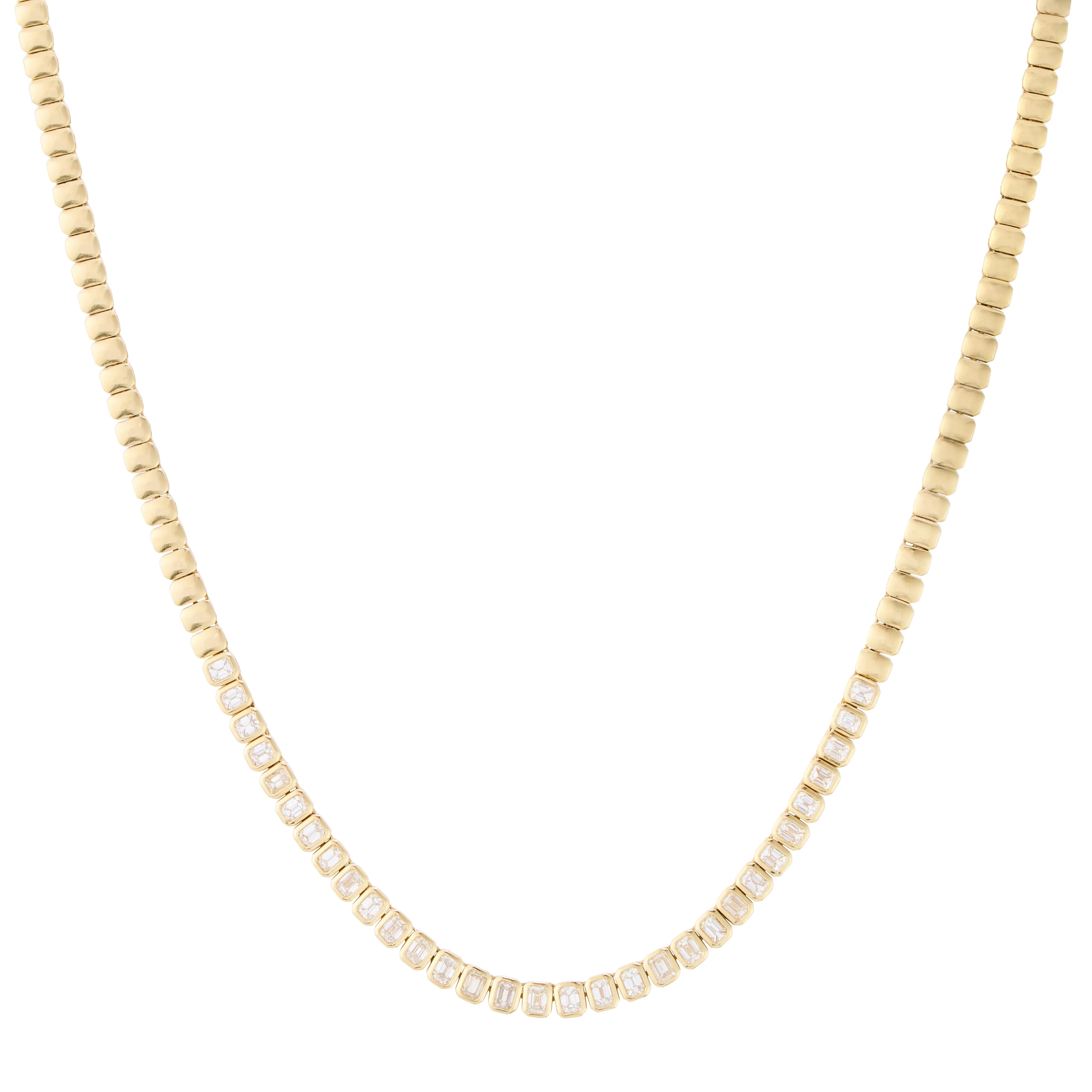 14K Gold tennis necklace with asscher cut diamonds in a bezel setting
