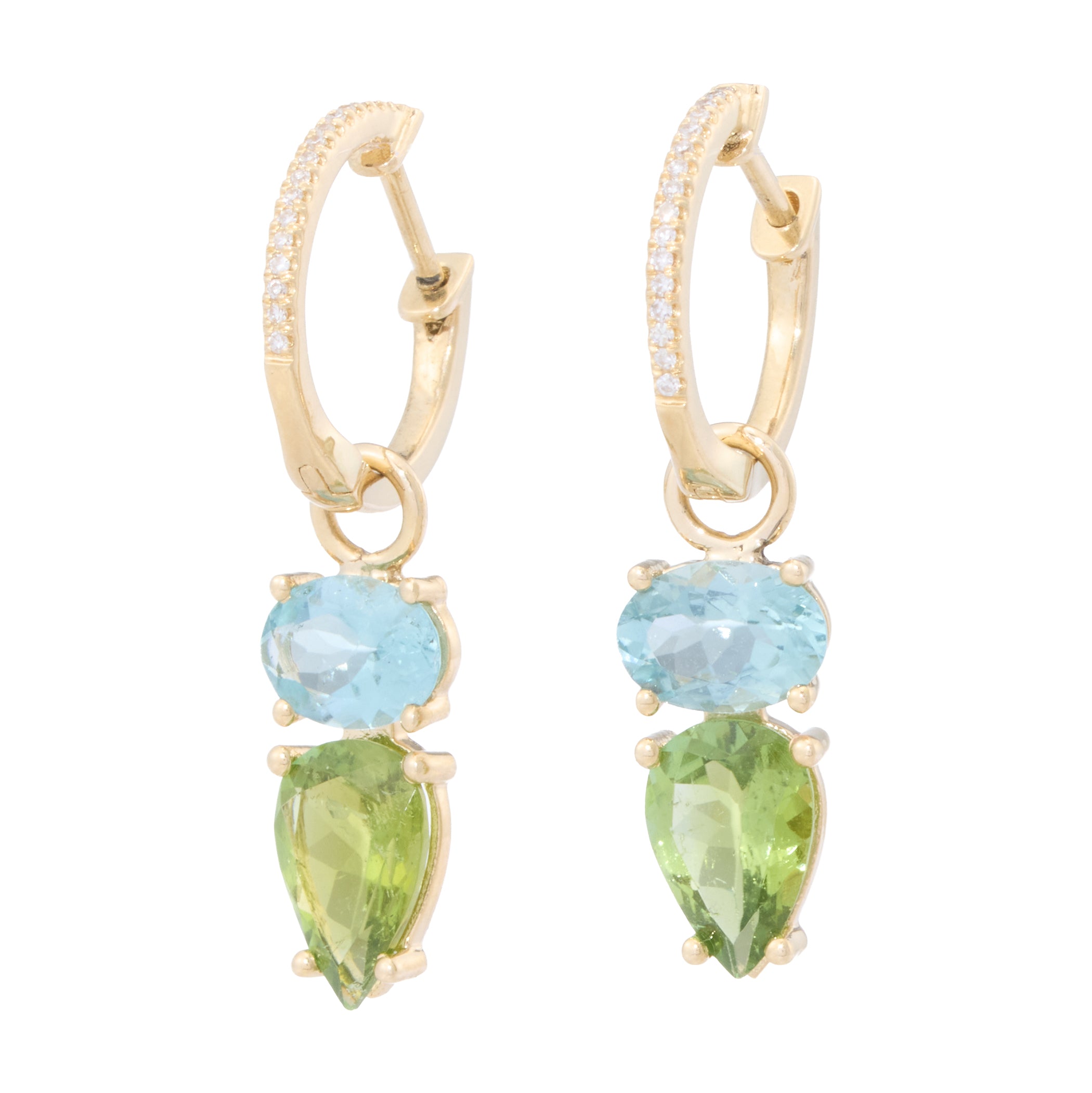 Diamond Huggie with Oval Blue Tourmaline and Pear Green Tourmaline