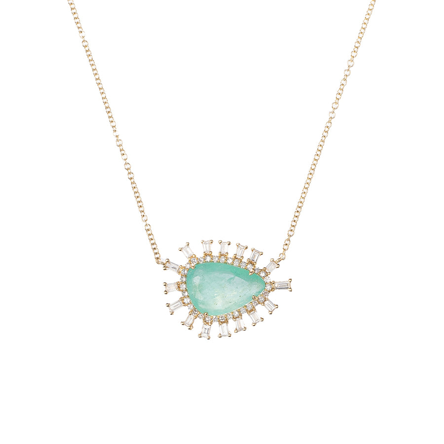 Emerald Slice Necklace with Baguette and Pave Diamond Halo