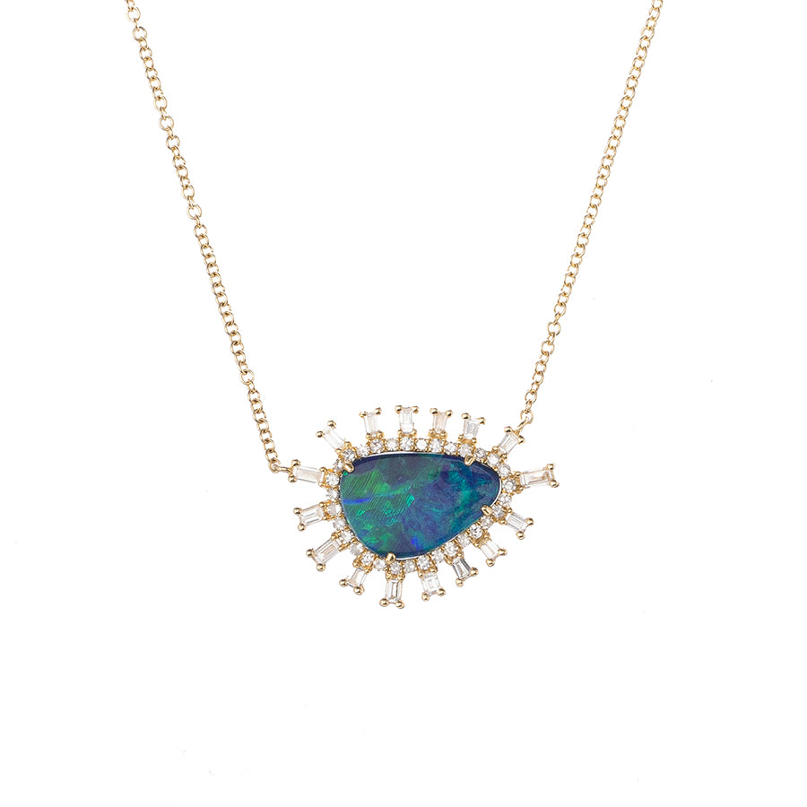 Opal Slice Necklace with Baguette and Pave Diamond Halo