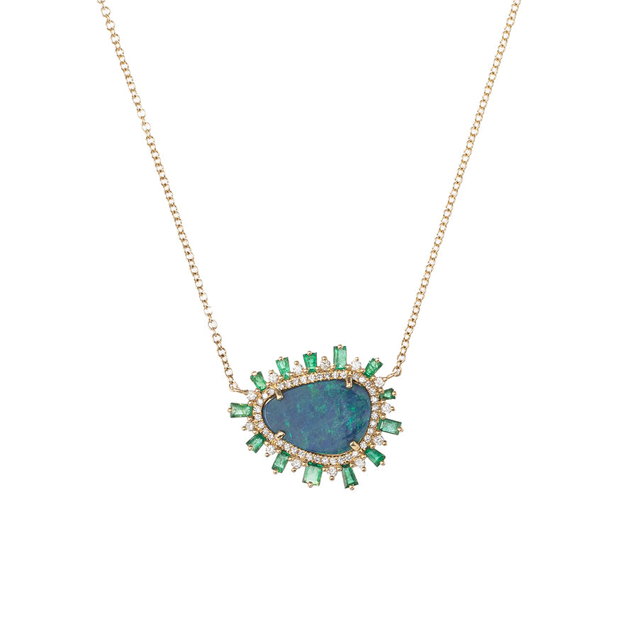 Opal Slice Necklace with Pave Diamond and Baguette Emerald Halo