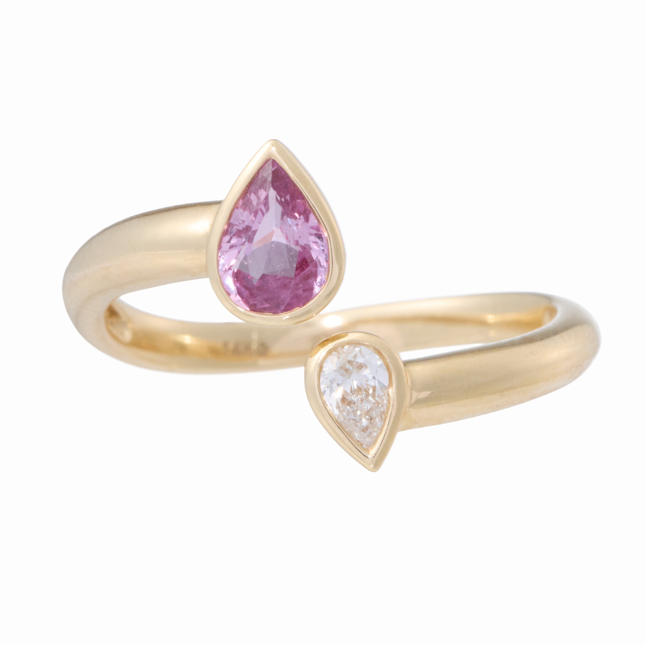Open Hook Ring with Pear Diamond and Pear Pink Sapphire