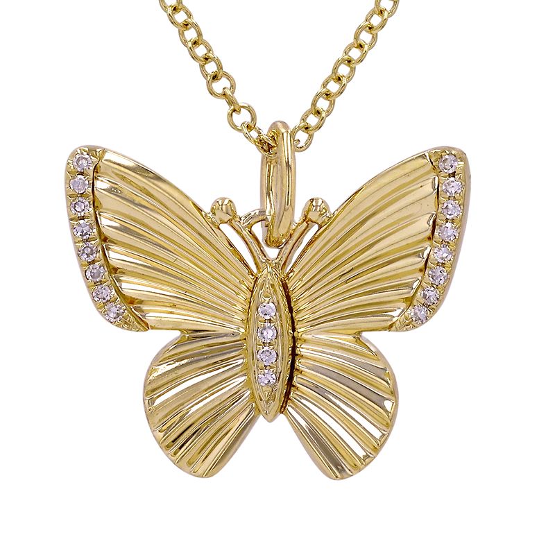 Pleated Top Diamond Trim Butterfly Necklace