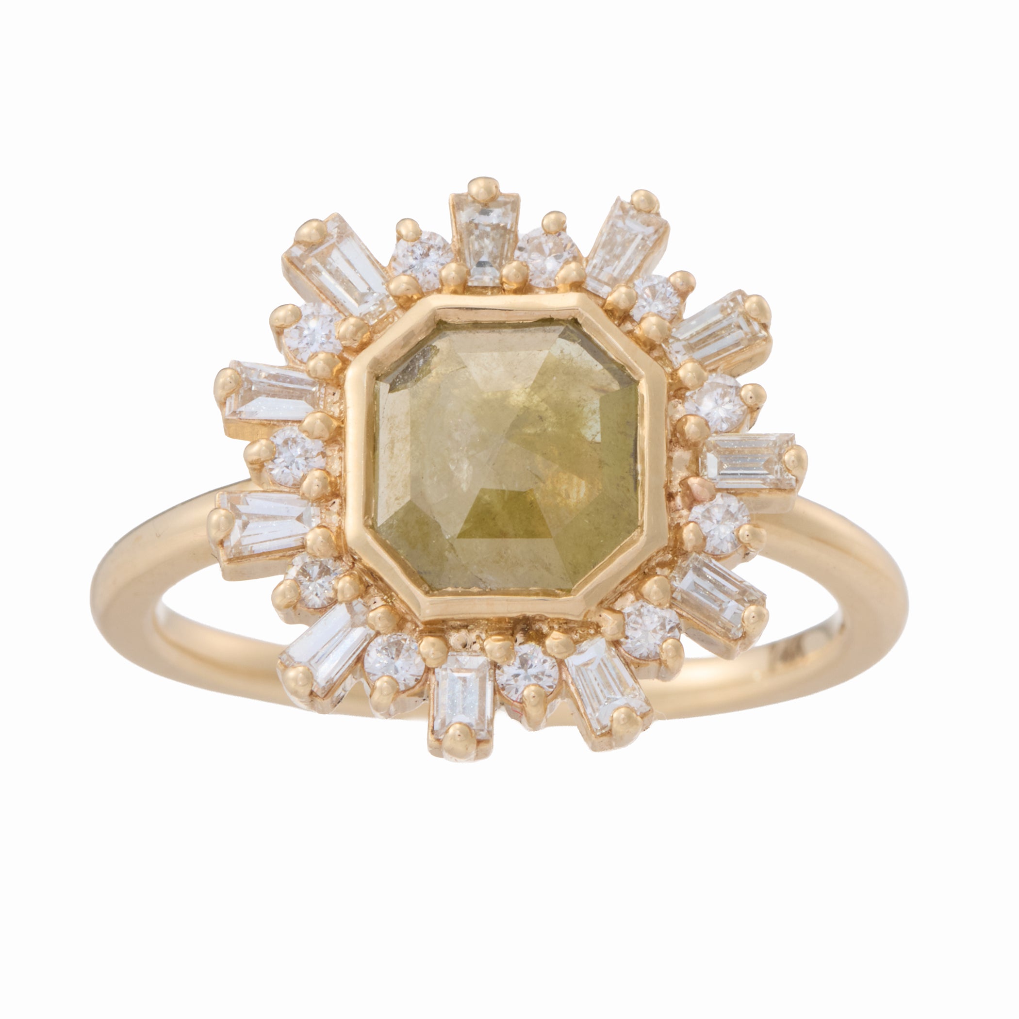 Raw Yellow Diamond and Baguette Burst Halo Ring