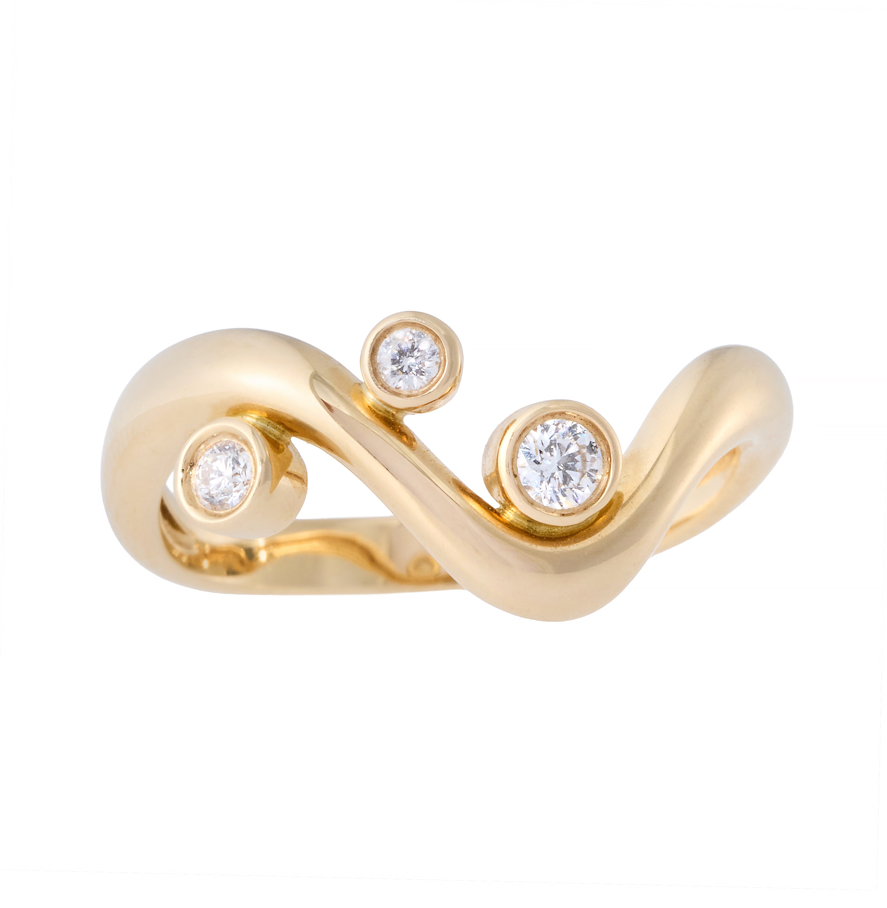 Solid Gold Wave Ring with 3 Bezel Diamonds