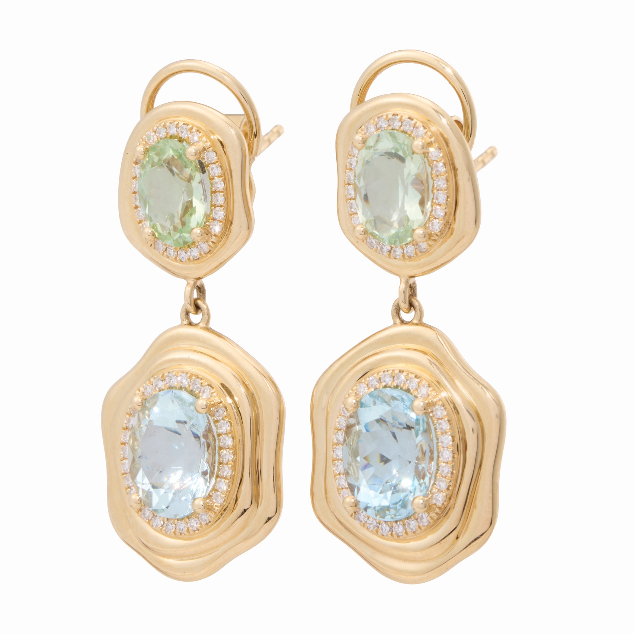 Tourmaline Dangles with Diamond Halo and Gold Wave Bezel