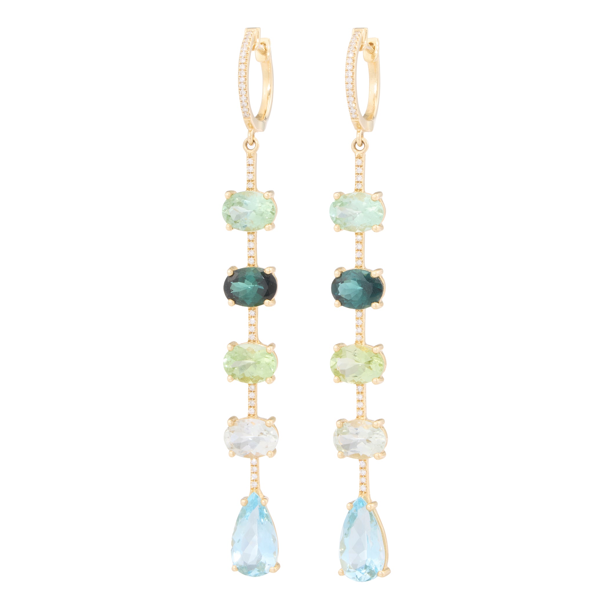 Tourmaline and Aquamarine Dangles with Diamond Bar Connections