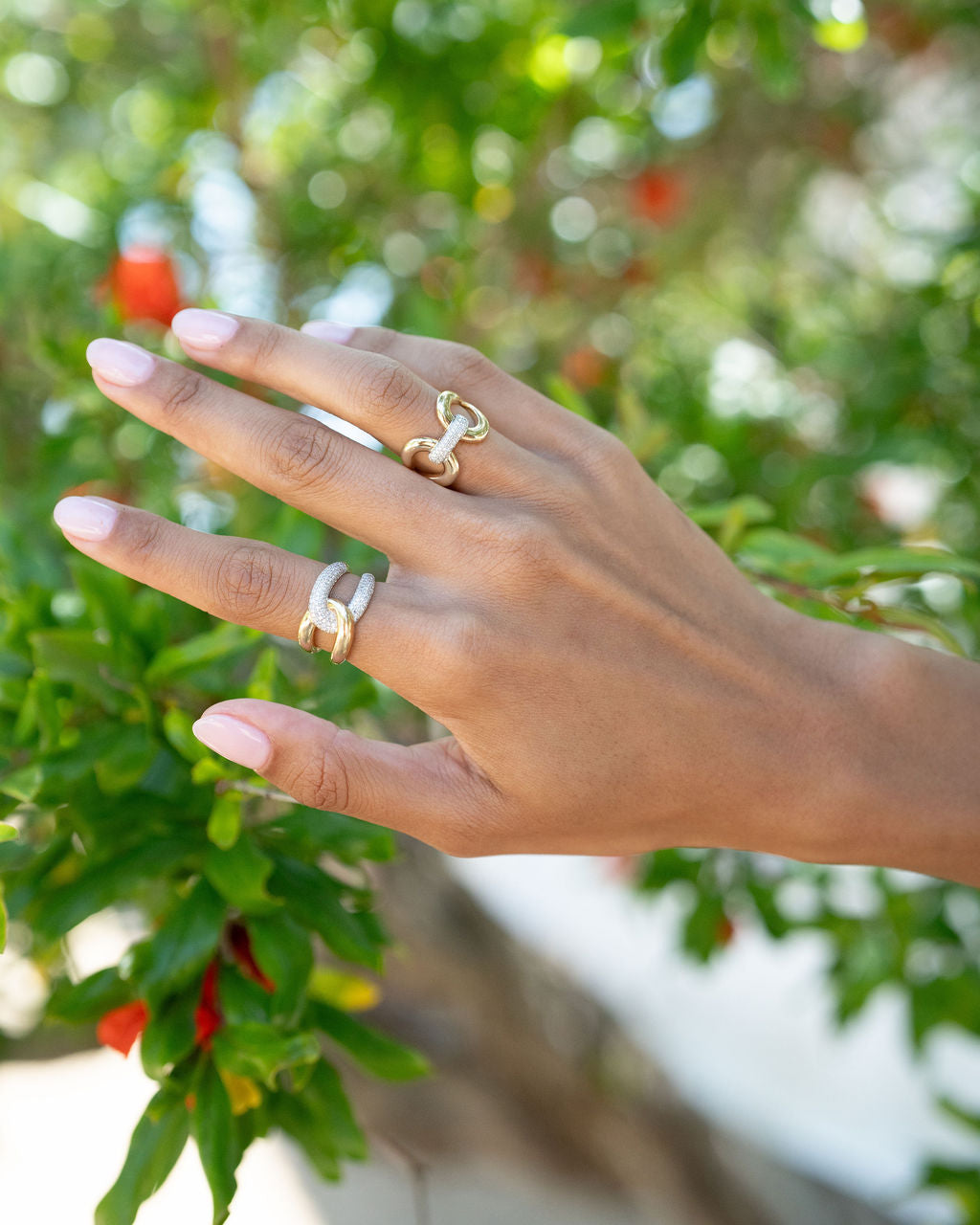 Solid Gold Stirrup Ring with Pave Diamond Detail