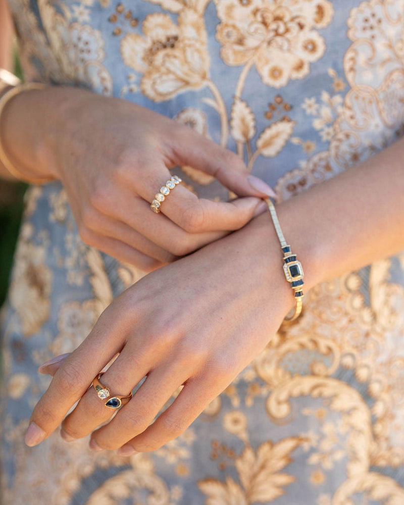 Bezel Set Pear Sapphire and Prong Set Oval Diamond Moi Et Toi Open Hook Ring