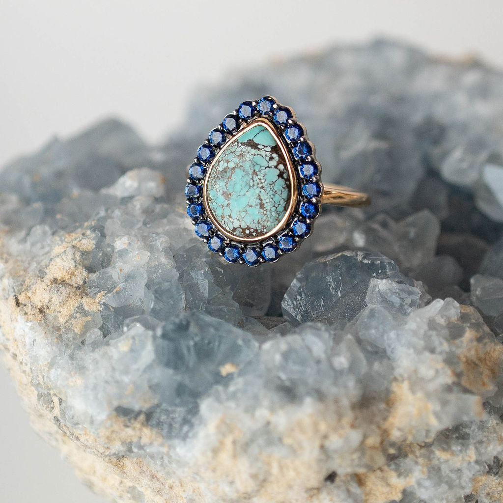 Pear Shaped Turquoise Ring with Sapphire Halo