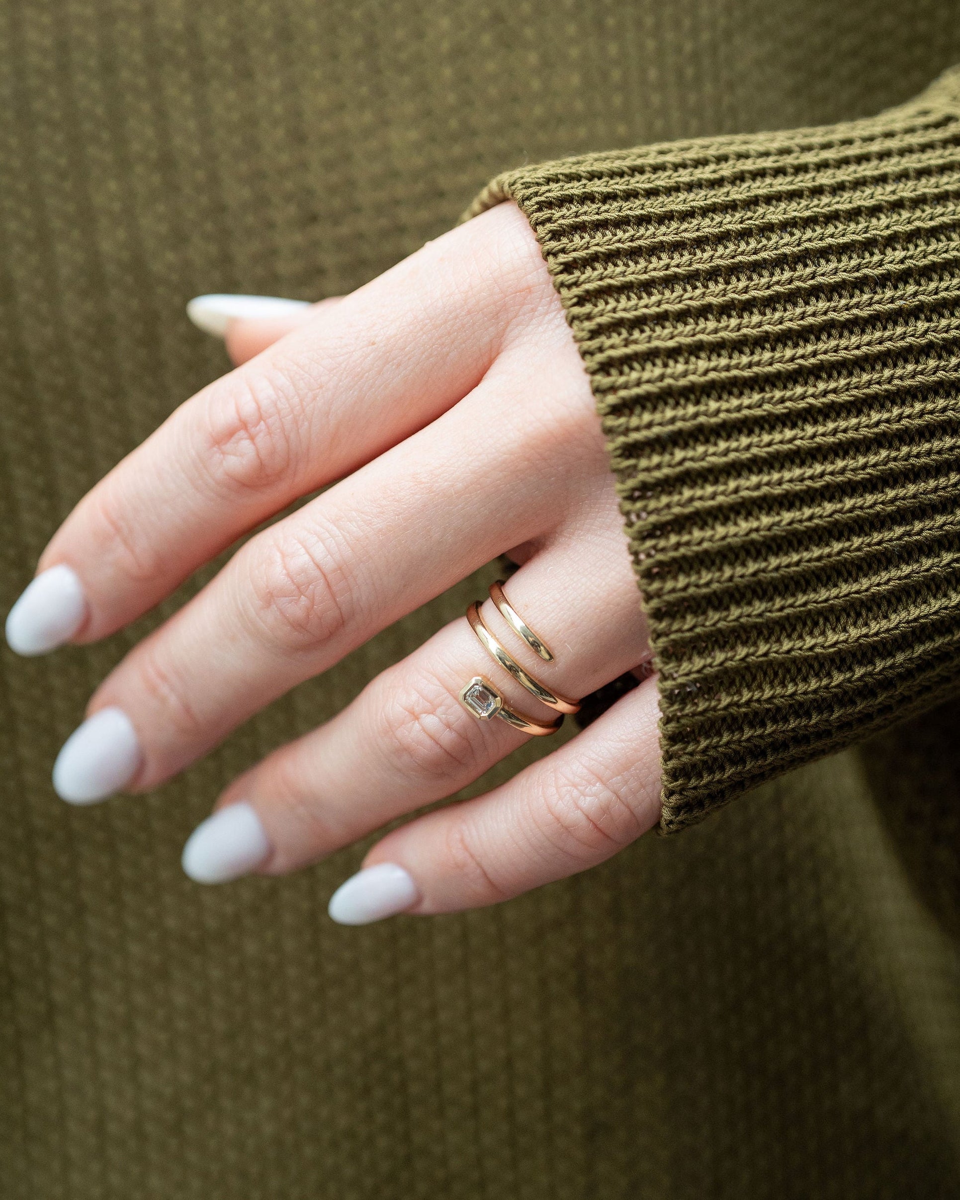 Solid Gold Corkscrew Ring with Bezel Set Asscher Cut Diamond on one End