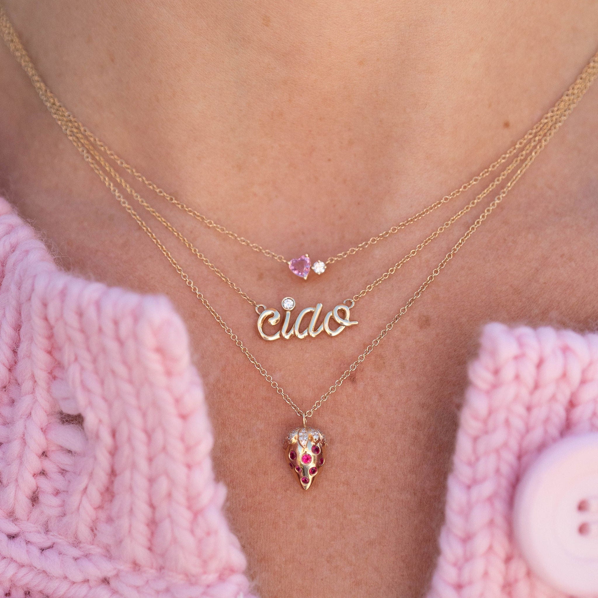 Moi Et Toi Necklace with Pink Sapphire Heart and Round Diamond