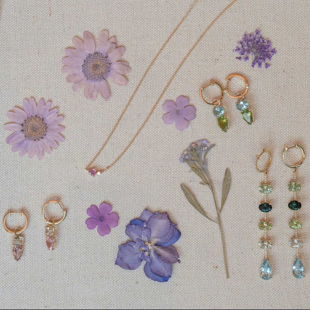 Diamond Huggie with Oval Blue Tourmaline and Pear Green Tourmaline