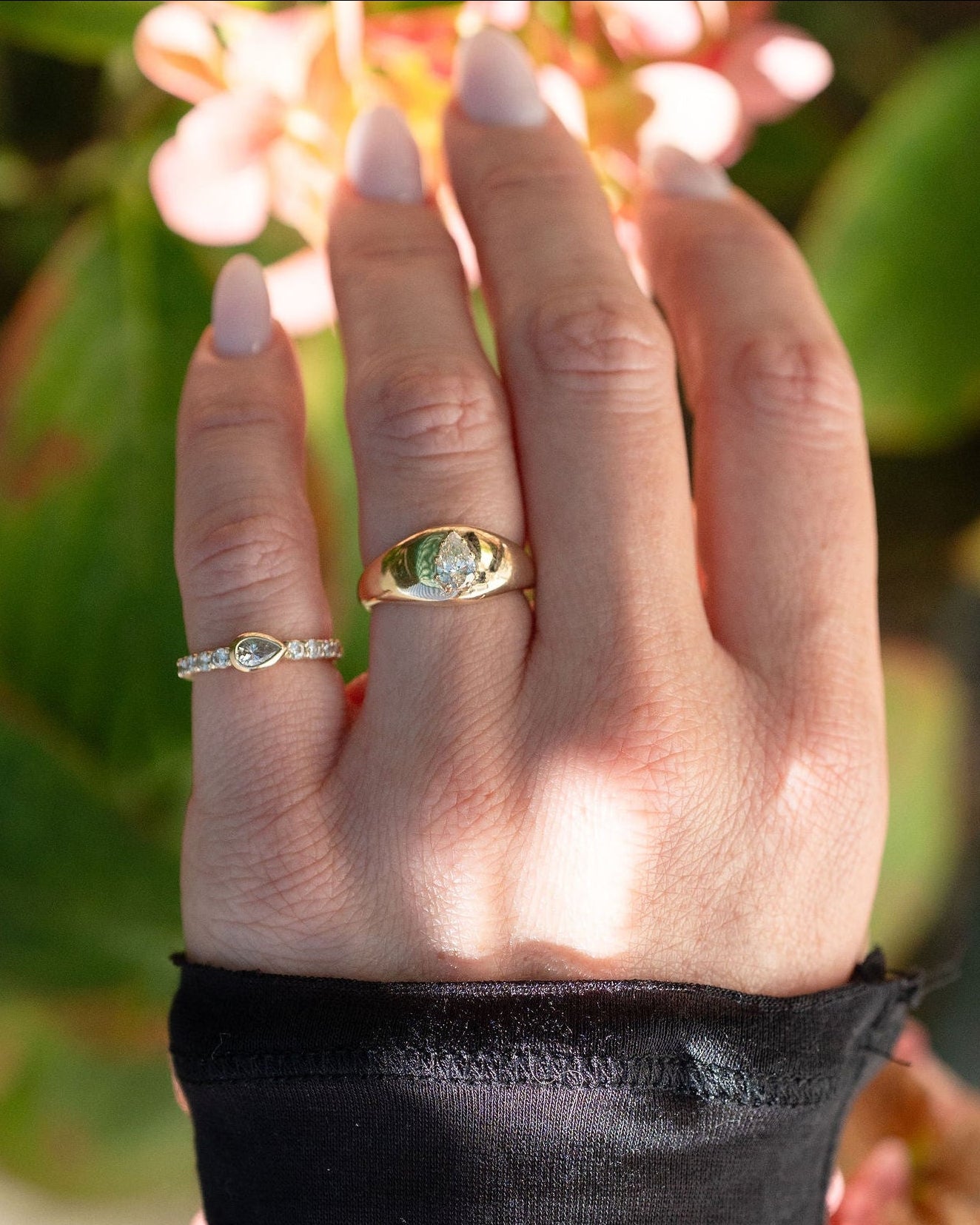 Solid Gold Dome Ring with Prong Set Pear Diamond