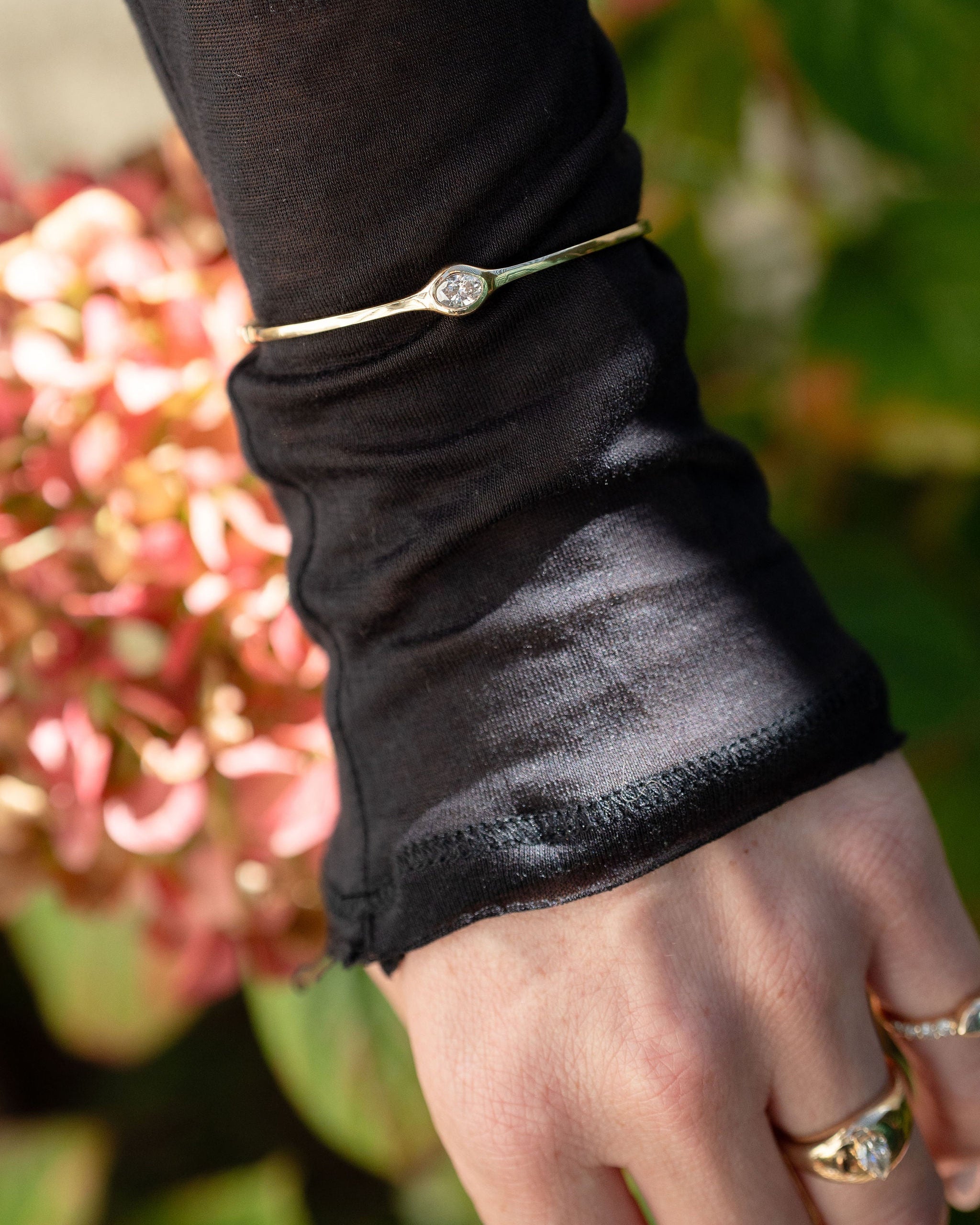 Solid Gold Bangle with Bezel Oval Diamond