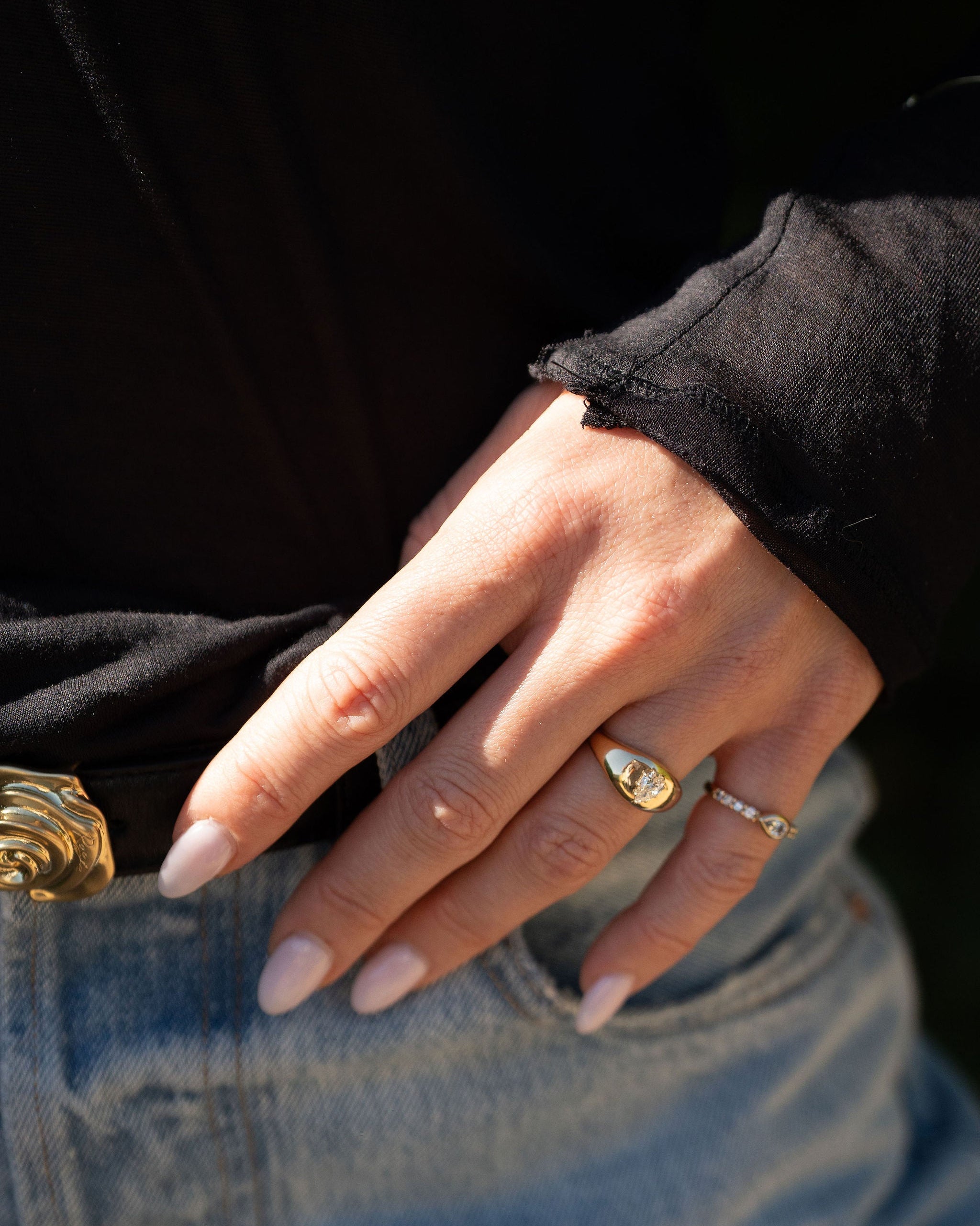 Solid Gold Dome Ring with Prong Set Pear Diamond