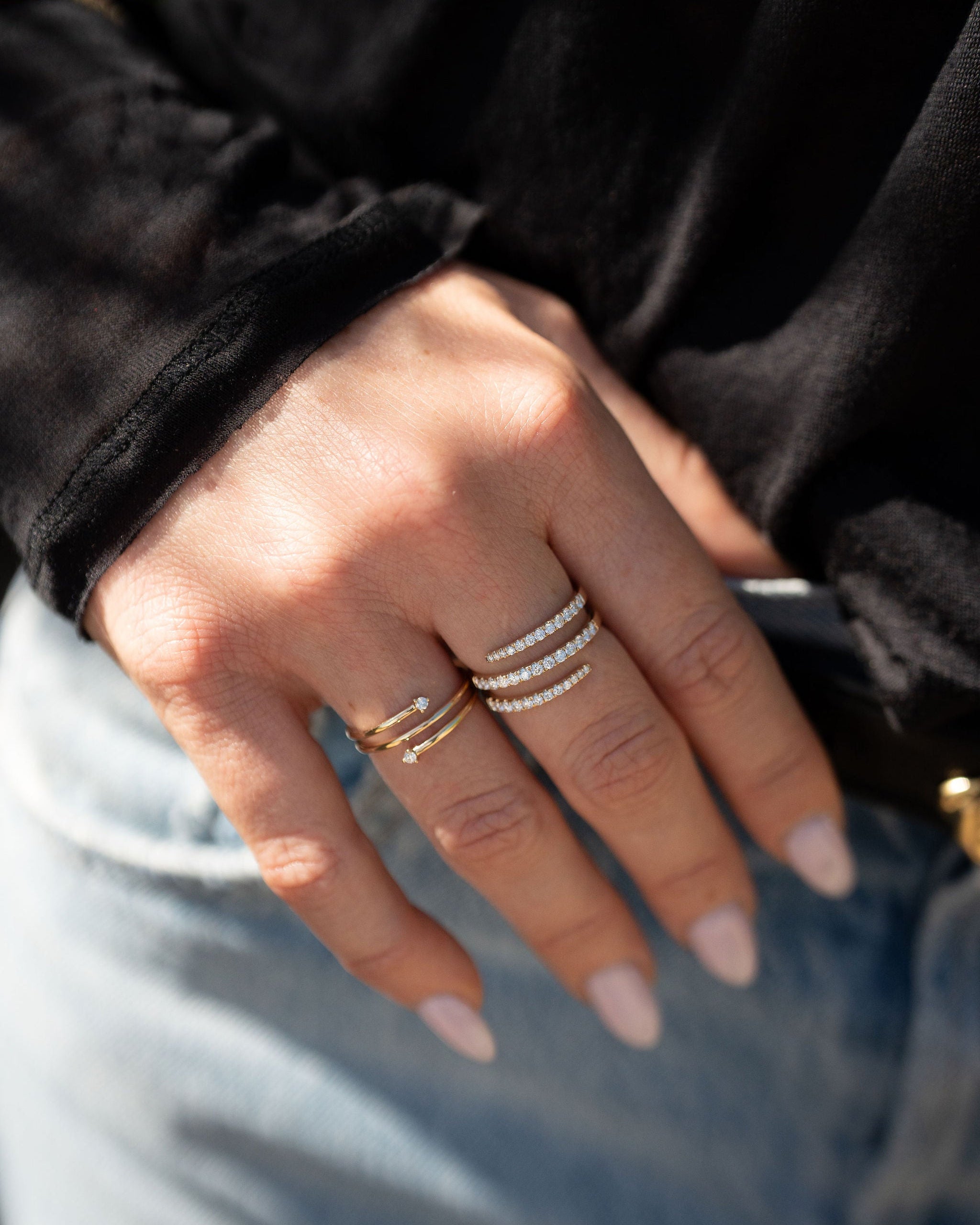 Petite Solid Gold Triple Bypass Ring with Prong Set Diamonds on each Tip