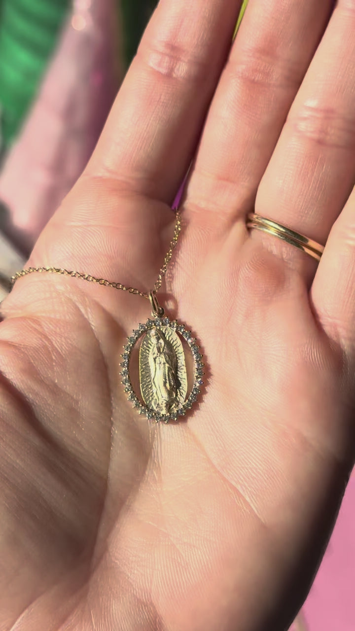 Mother Mary Necklace with Diamond Border. Miraculous Medal Necklace