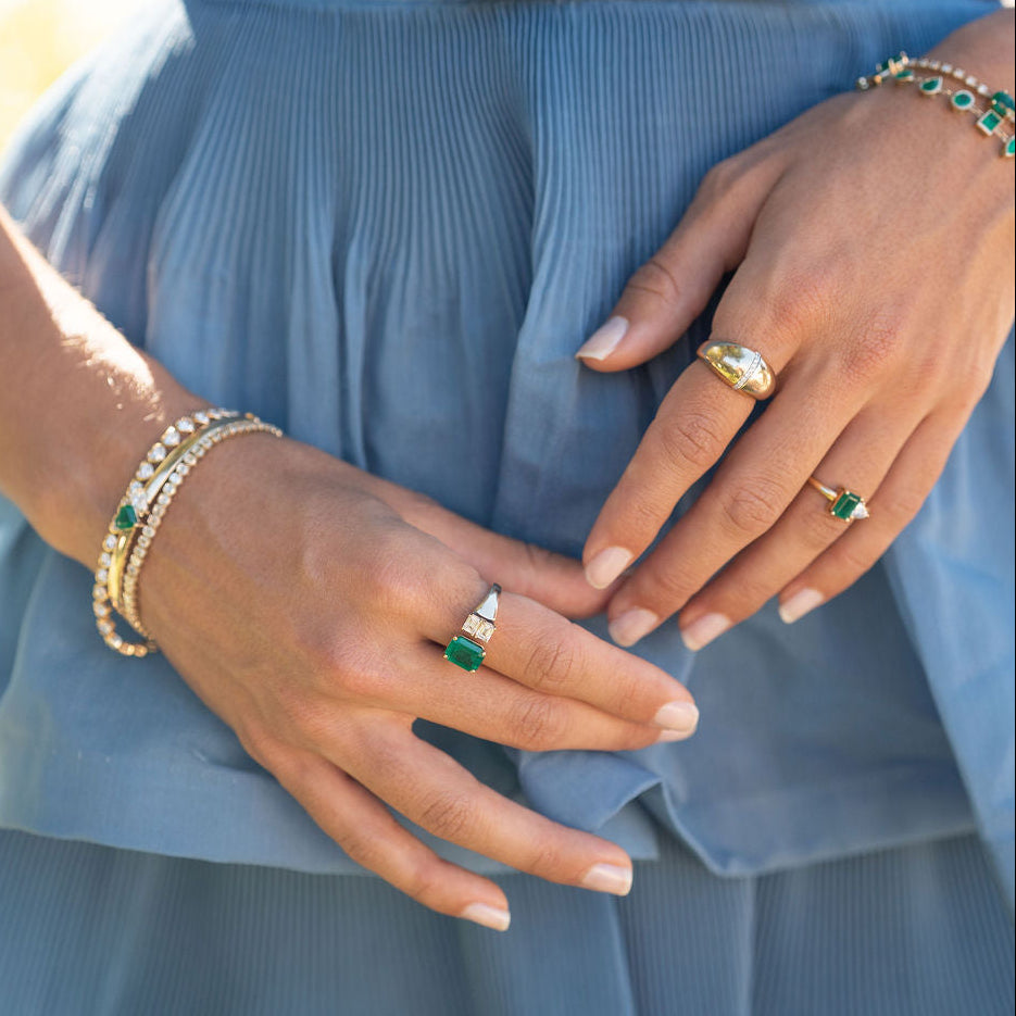 Emerald Cut Emerald and Double Emerald Cut Diamond Open Hook Ring