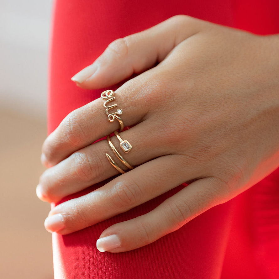 Solid Gold Corkscrew Ring with Bezel Set Asscher Cut Diamond on one End