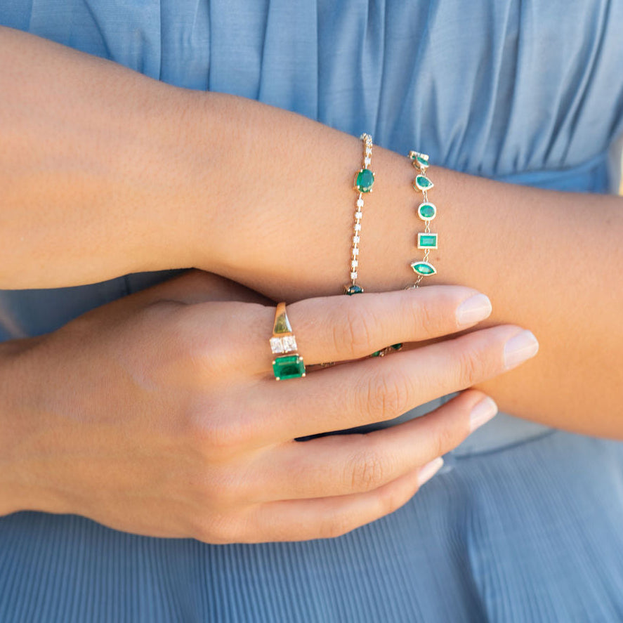 Emerald Cut Emerald and Double Emerald Cut Diamond Open Hook Ring