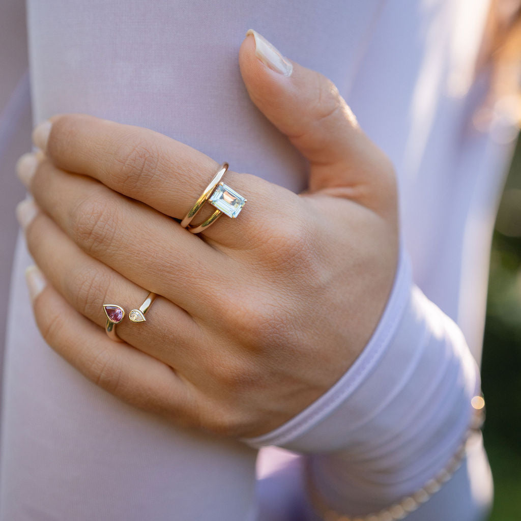 Open Hook Ring with Pear Diamond and Pear Pink Sapphire
