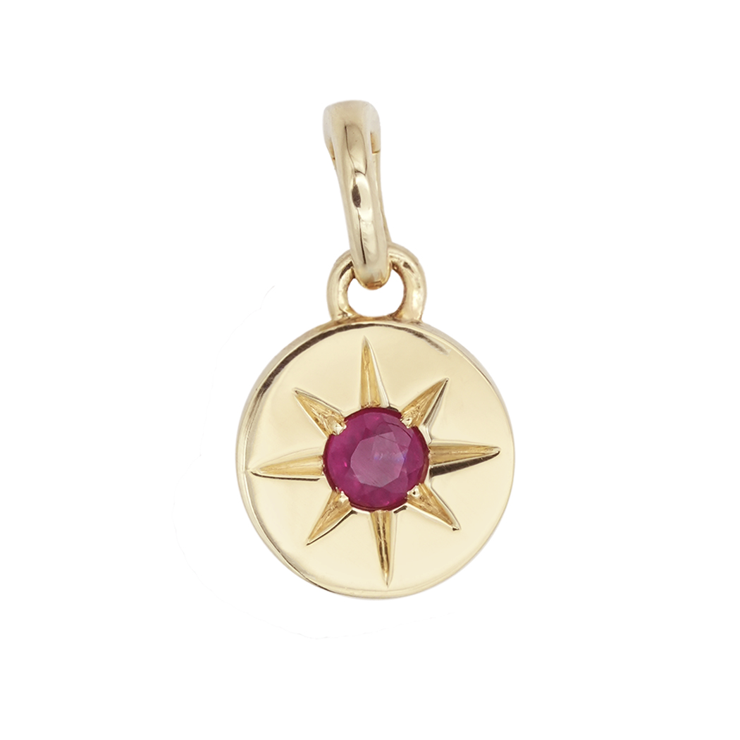 Petite Solid Gold Disc Charm with Gemstone Burst