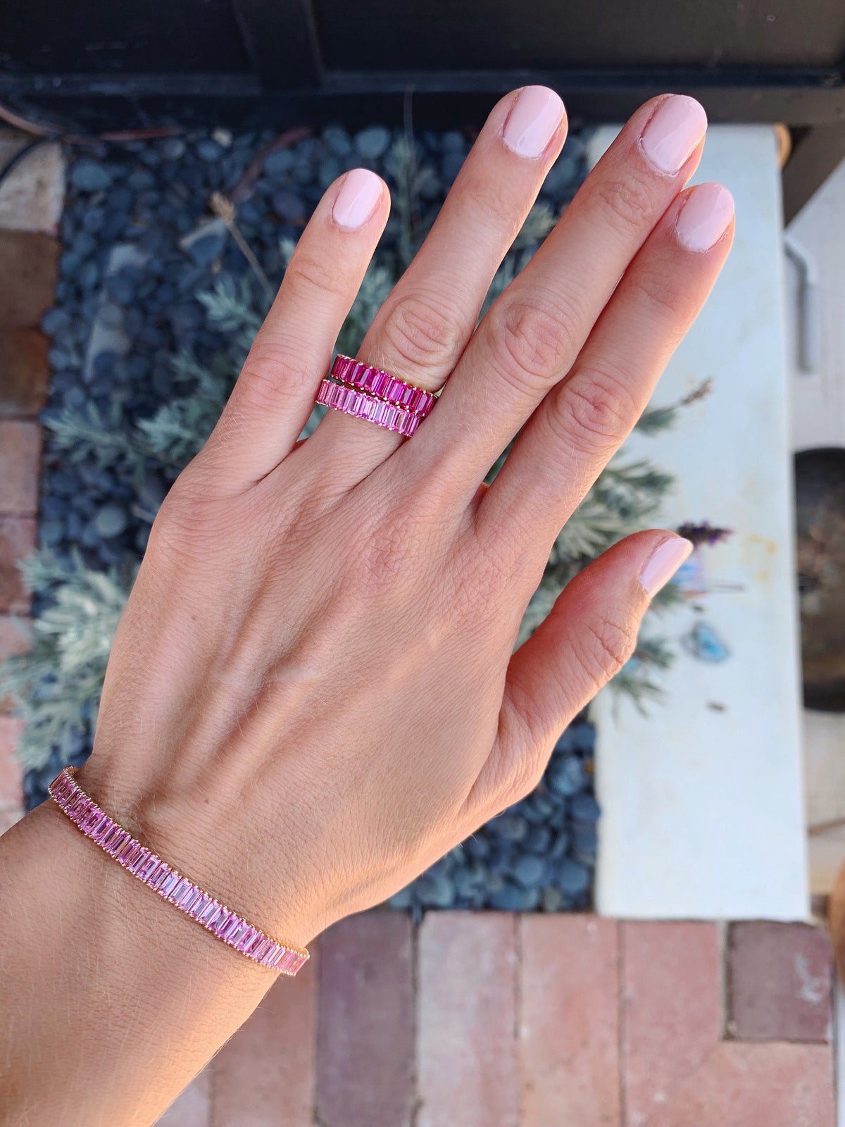 Pink Sapphire Emerald Cut Eternity Band-Rings-Zofia Day Co.